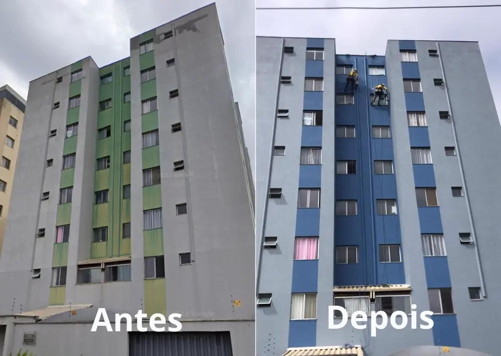 Fachada predial antes e depois da pintura, com dois técnicos em trabalho de corda