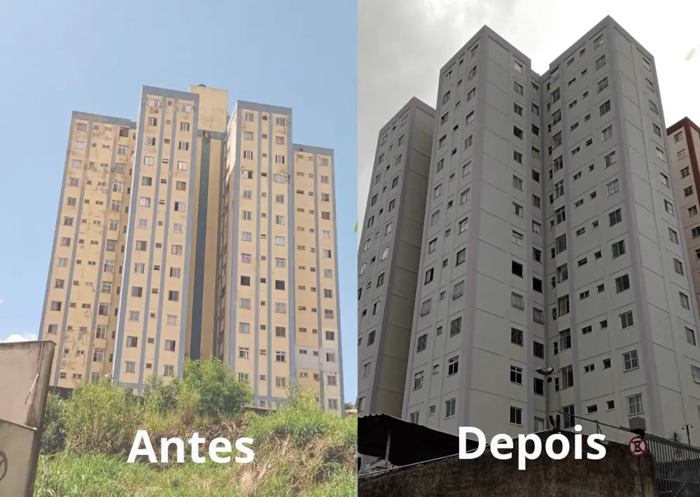 Fachada de prédio alto antes e depois da pintura e impermeabilização
